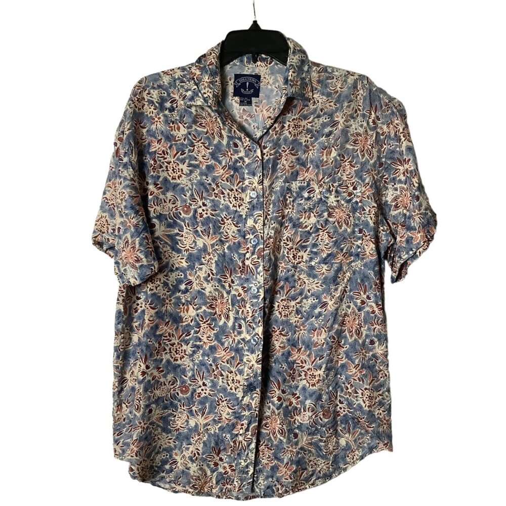 Solutions 100% Silk Casual Floral Button Shirt Women Medium Tropical Hawaiian‎